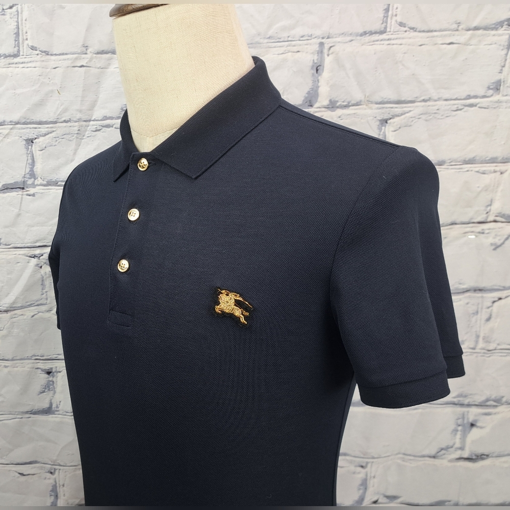 Burberry Men's Polo Shirt Navy Fine Mesh Gold Metal Equestrian Knight XS